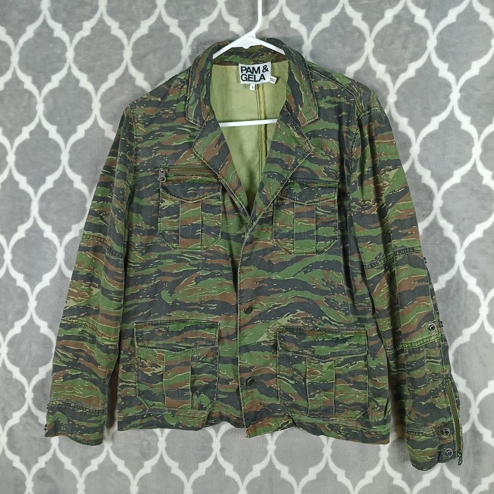 Pam Gela Jacket Women Small Green Brown Tiger Stripe Camouflage Military Utility